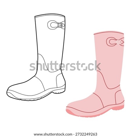 Pink buckle rubber rain boot women flat plus line set. Waterproof with side buckle for rain day, wet occasion. Technical fashion illustration CAD mockup mixed vector men unisex isolated chic style.