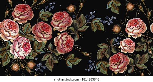 Pink buds of roses, horizontal seamless pattern. Classical embroidery. Template for design of clothes, t-shirt design, tapestry flowers renaissance style 