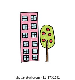Pink building, doodle art