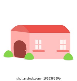 The pink building had doors and windows all around, with bushes in the corners.