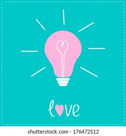 Pink bulb with heart inside. Idea concept. Love card. Vector illustration.