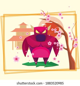 A pink bull, against the backdrop of a Chinese house, a red sun, and cherry blossoms.