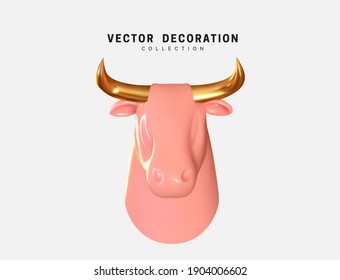 Pink Bull head isolated 3d icon and logo. Realistic glass porcelain head of a cow or ox. Vector illustration