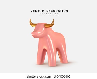 Pink Bull isolated 3d icon and logo. Realistic glass porcelain figurine of cow or ox. Vector illustration