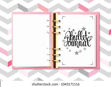 Pink Bullet Journal and hand drawn lettering for notebook, diary mock up. Cute hand drawn line doodle on dotted background. 