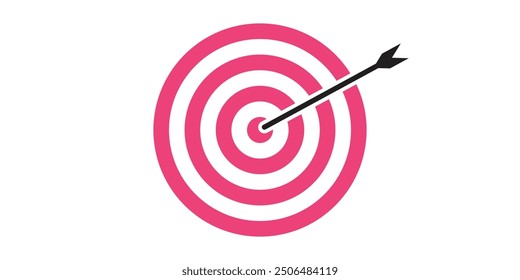 Pink bullseye dart target icon with black arrow. Dart target goal marketing sign. Arrow dart logo vector. Winner dart sign.