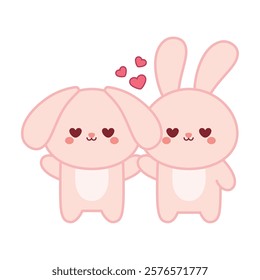 Pink bunnies sharing hearts vector