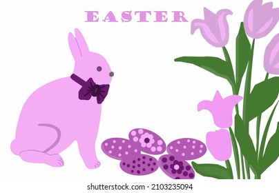 A pink bunny with a bow sits next to the painted Easter eggs, pink tulips grow. Above the inscription "Easter". 