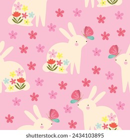 pink bunny with butterfly in garden hand drawn seamless pattern vector for decorate invitation greeting birthday party celebration wedding card poster banner textile wallpaper paper wrap background