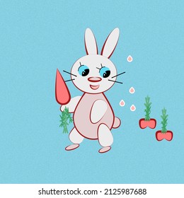 Pink bunny with a carrot on a blue background for children's illustration.