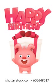 Pink Bunny cartoon character with gift box. Happy Birthday card. Vector illustration