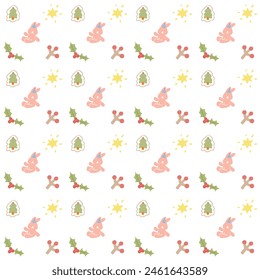pink bunny ,cherry, sprinkle star, christmas tree in winter seamless pattern for Christmas decoration
