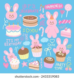 Pink bunny and cute birthday elements for birthday party, stickers, cartoon character, sweet dessert logo, food icon, menu, recipe, cake clip arts, cupcakes, cafe, restaurant, candy, happy easter, ads