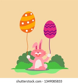 pink bunny with easter eggs balloon in the garden.
