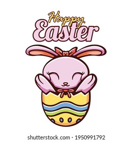 Pink Bunny easter eggs cute illustration with white background