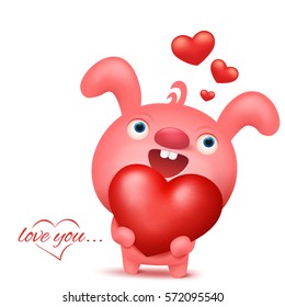 Pink bunny emoji character with heart. Valentine day invitation card