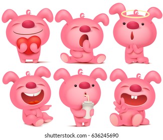 Pink bunny emoji character set with different emotions and situations. Vector illustration