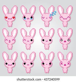 Pink bunny emoticons set. Pixel art. Old school computer graphic style. Kawaii japanese. Computer game elements.