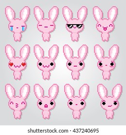 Pink bunny emoticons set. Pixel art. Old school computer graphic style. Kawaii japanese. Computer game elements.