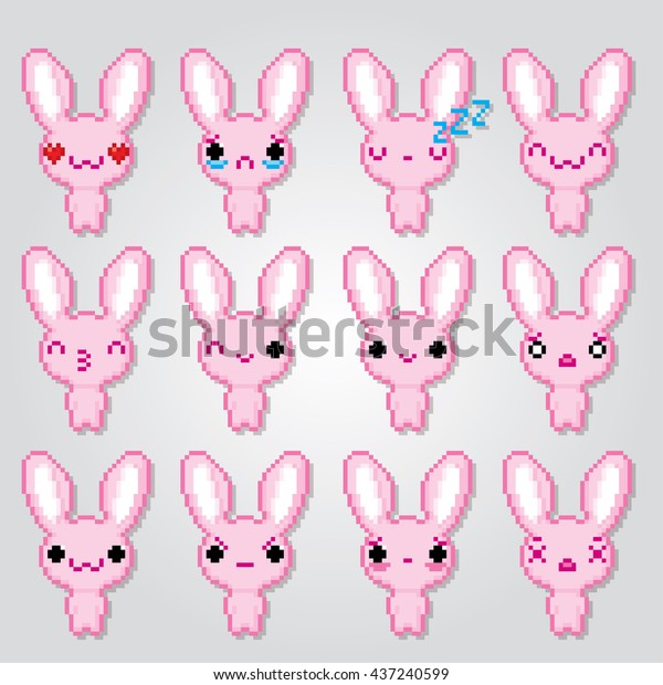 Pink Bunny Emoticons Set Pixel Art Stock Vector (Royalty Free ...