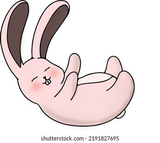 Pink bunny falling while dreaming. Cute illustration. Print. 