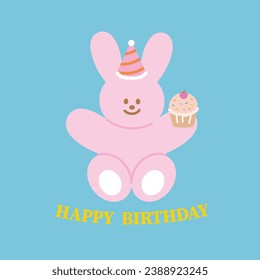 Pink bunny rabbit with birthday party hat, cake and HAPPY BIRTHDAY letters for birthday card, icon, sticker, cartoon character, print, banner, background, wallpaper, birthday template, social media