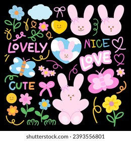 Pink bunny rabbit, butterfly and pastel flowers illustration for happy easter elements, stickers, tattoo, nature, garden, spring, summer, logo icons, banner, print, cartoon character, comic, mascot