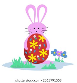 Pink Bunny rabbit holding colorful easter egg with flowers and green grass.Cartoon spring season for greeting cards. Vector illustration design.