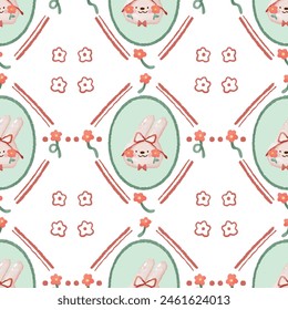 pink bunny with red ribbon and flowers on square and circle pattern