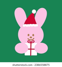 Pink bunny with Santa hat and Christmas gift for easter, cartoon character, brand logo, animal icon, xmas decoration, winter sticker, tattoo, comic, mascot, print, social media post, print, ad, banner