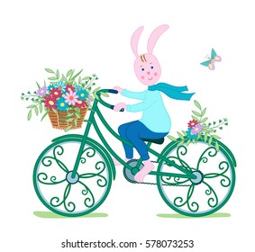 Pink Bunny in a scarf on a vintage green bike carries a basket of colorful flowers with leaves.Cute cartoon character on a white background. greeting Card for spring or summer  holidays.