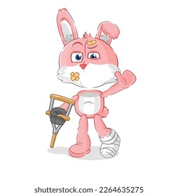 the pink bunny sick with limping stick. cartoon mascot vector