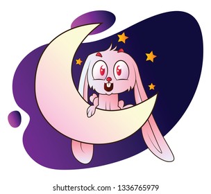 Pink bunny sitting on the moon vector illustration on white background.
