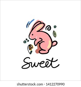 Pink bunny and Sweet lettering vector illustration. Rabbit with flower print.