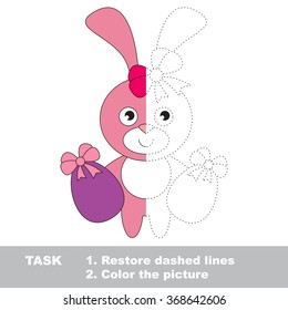 Pink Bunny in vector colorful to be traced. Restore dashed line and color the picture. Visual game for kids. Worksheet to be colored.