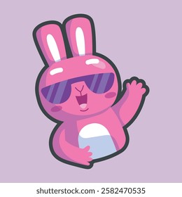 pink bunny wearing sun glasses wavy hand gesture with outline flat vector design.