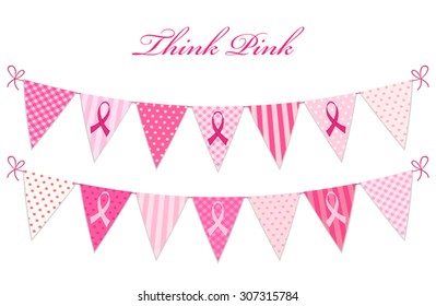 Pink bunting Breast Cancer Awareness with phrase Think Pink and pink ribbons isolated on white background