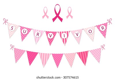 Pink bunting Breast Cancer Awareness with phrase Survivor and pink ribbons isolated on white background