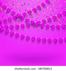 pink bunting flag and confetti with shadow on pink background and copy space for greeting card, banner, poster template in vector illustration