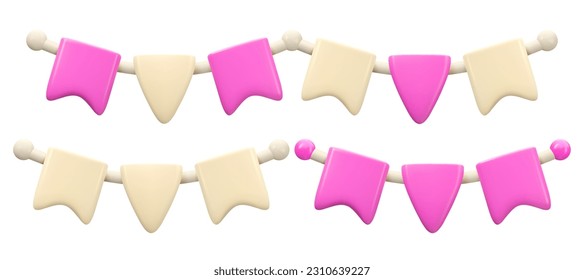 Pink bunting flags 3d icon. Party decoration, vector elements in simple minimal style, isolated on white background