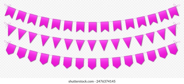 Pink bunting flags, carnival party flags, festive pennants hanging on a rope. Festival vector decoration.