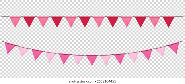 Banderas de Bunting rosadas, fondo de Anuncio de bandera de triángulo de fiesta de carnaval. Banderines decorativos que cuelgan en una cuerda aislada para la celebración, cumpleaños, Festiva, año Nuevo. Vector de Elementos de decoración festiva
