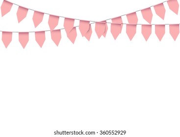 Pink bunting flags on white background