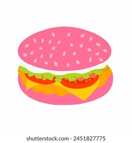 Pink burger with chicken cutlet, fresh tomato, salad leaf, cheese and mayo sauce icon in cartoon flat style. Vector illustration isolated on white background. For menu, poster, infographic, restaurant svg