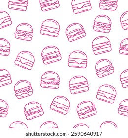 Pink burger seamless pattern. Hamburger or cheeseburger sketch line art wallpaper