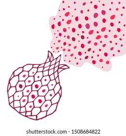 Pink, burgundy, red and white card.  Pomegranate shape, Geometric 
honeycombs with 
colorful ruby grains on white. Hand drawn abstract illustration. Paper and textile design