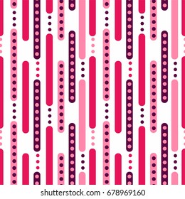Pink and burgundy rounded stripes with colored circles. Seamless geometric pattern