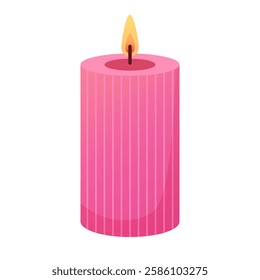 Pink burning candle in cartoon flat style. Romantic pink candle for Valentines Day, wedding, bachelorette party, home decor.