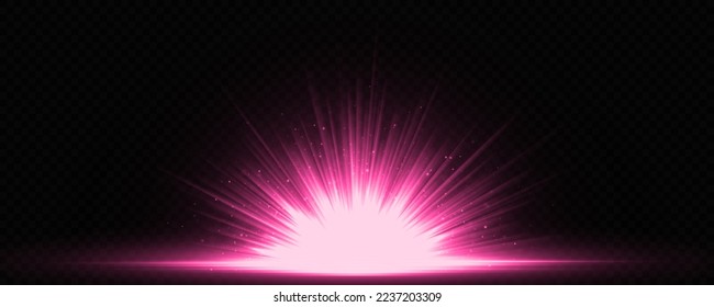 Pink bursts of exploding star. Sparkle light rays. Shining flares and sparks.