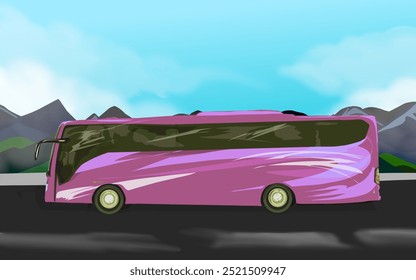 a pink bus crosses the highway with a background of mountains and a cloudy blue sky